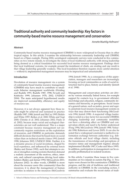 Traditional Authority and Community Leadership: Key Factors in Community-Based Marine Resource Management and Conservation Annette Muehlig-Hofmann1