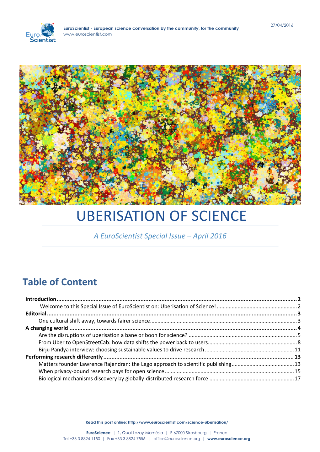 UBERISATION of SCIENCE a Euroscientist Special Issue – April 2016