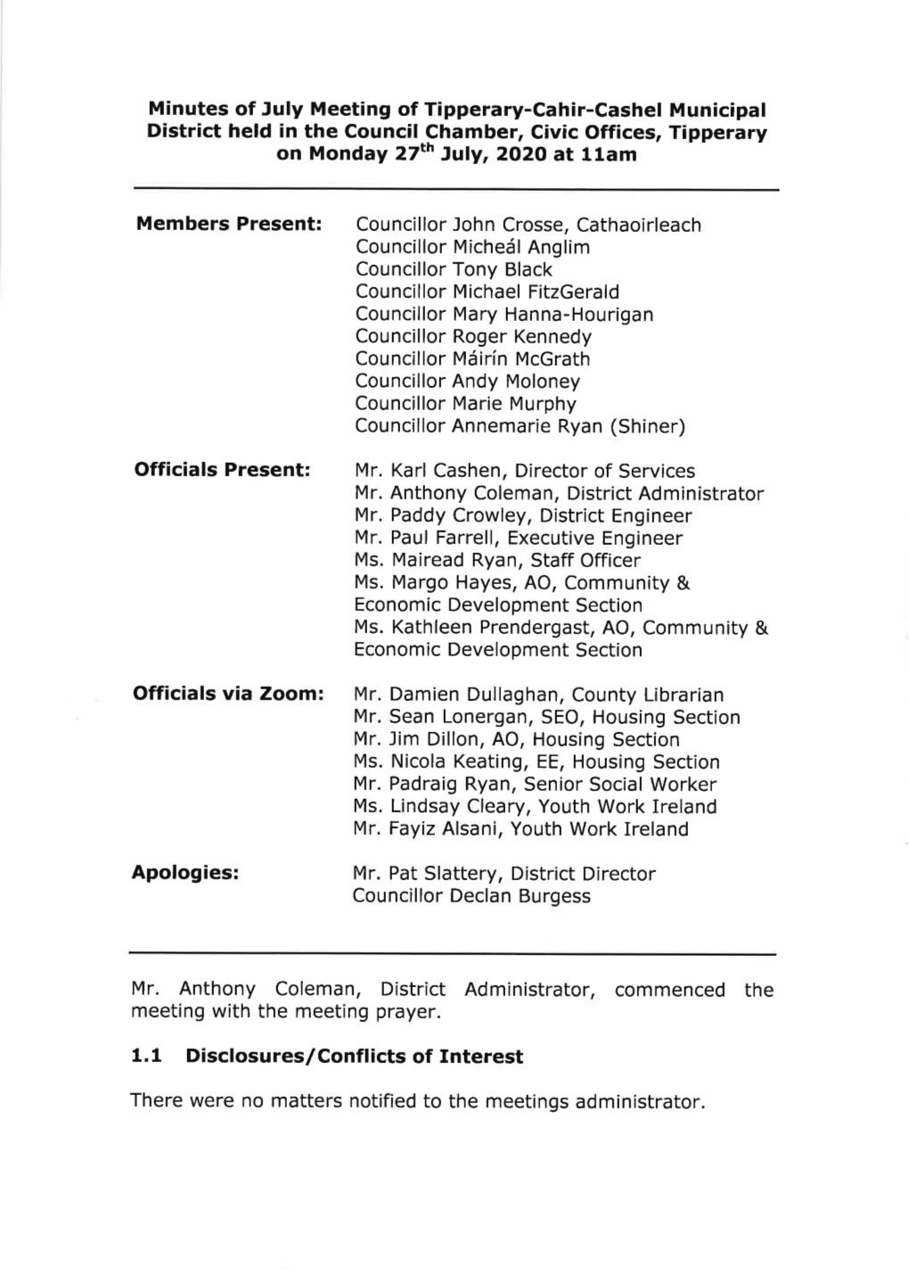 Minutes of July Meeting of Tipperary-Cahir-Cashel Municipal District Held in the Council Chamber, Civic Offices, Tipperary on Monday 27Th July, 2O2O at Llam