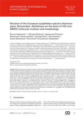 Revision of the European Lysiphlebus Species (Hymeno- Ptera: Braconidae: Aphidiinae) on the Basis of COI and 28SD2 Molecular Markers and Morphology