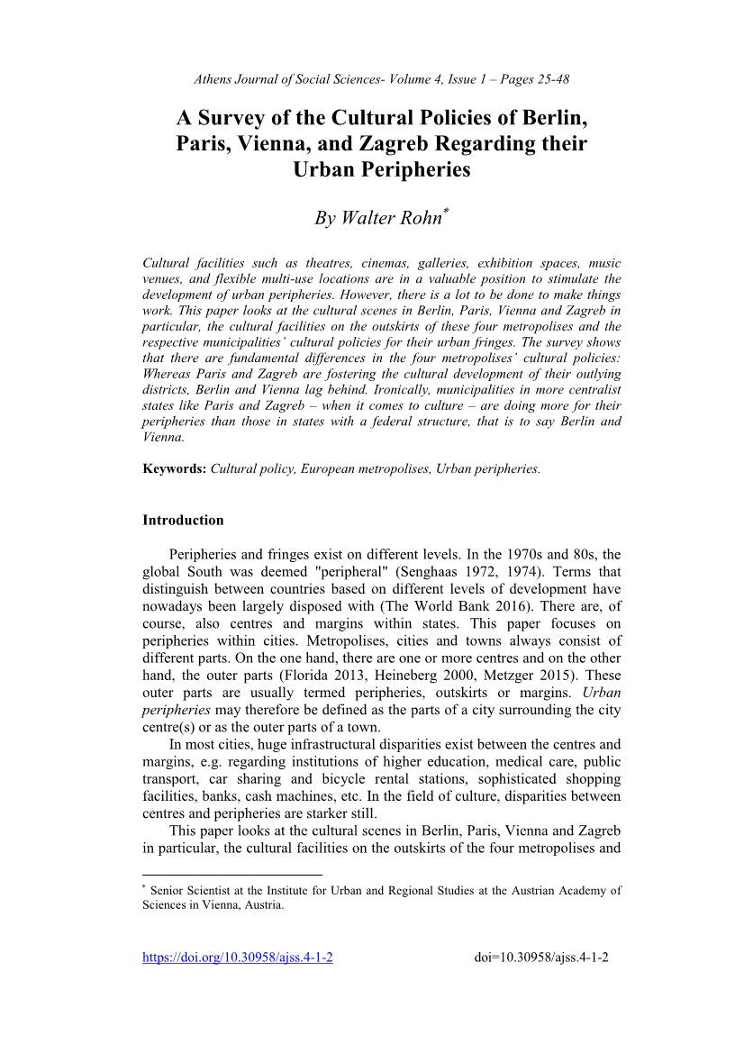 A Survey of the Cultural Policies of Berlin, Paris, Vienna, and Zagreb Regarding Their Urban Peripheries