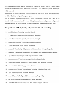 The Telangana Government Canceled Affiliations of Engineering Colleges