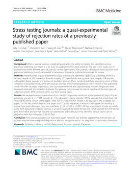 Stress Testing Journals: a Quasi-Experimental Study of Rejection Rates of a Previously Published Paper Kelly D