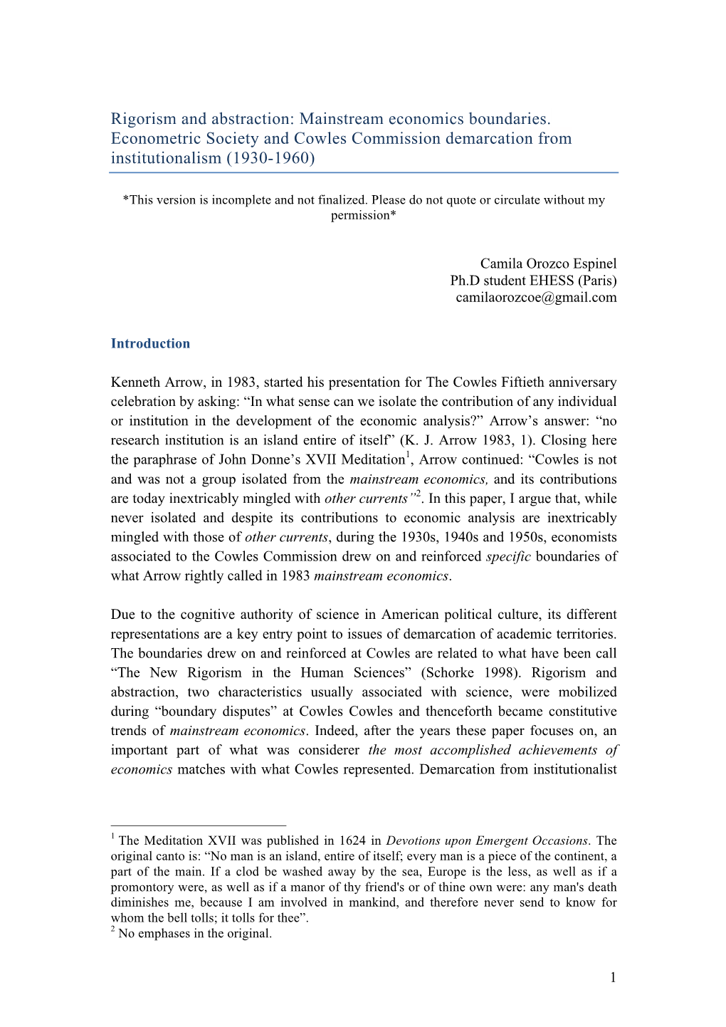 Mainstream Economics Boundaries. Econometric Society and Cowles Commission Demarcation from Institutionalism (1930-1960)