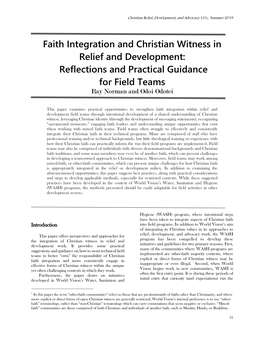 Faith Integration and Christian Witness in Relief and Development: Reflections and Practical Guidance