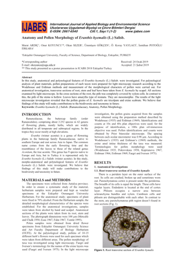 Anatomy and Pollen Morphology of Eranthis Hyemalis (L.) Salisb