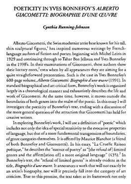 Poeticity in Yves Bonnefoy's Alberto Giacometti: Biographie D'une Ceuvre