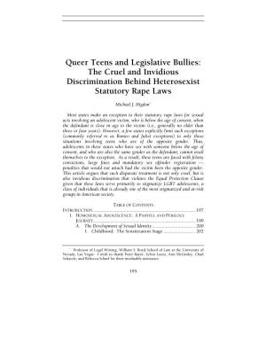 Queer Teens and Legislative Bullies: the Cruel and Invidious Discrimination Behind Heterosexist Statutory Rape Laws