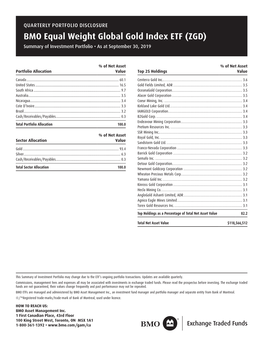 BMO Equal Weight Global Gold Index ETF (ZGD) Summary of Investment Portfolio • As at September 30, 2019