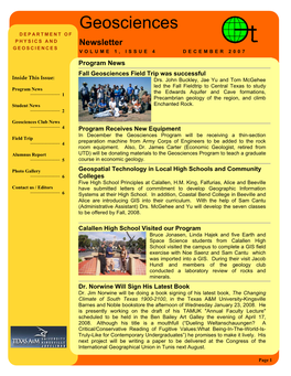 Geosciences DEPARTMENT of PHYSICS and Newsletter GEOSCIENCES VOLUME 1, ISSUE 4 DECEMBER 2007