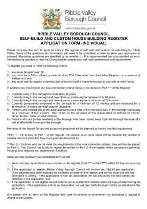 Ribble Valley Borough Council Self-Build and Custom House Building Register Application Form (Individual)