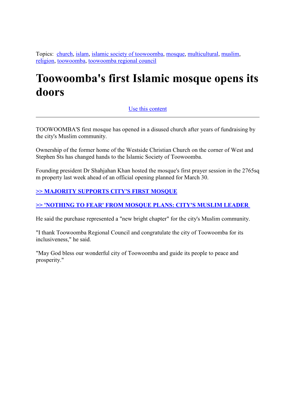 Toowoomba's First Islamic Mosque Opens Its Doors