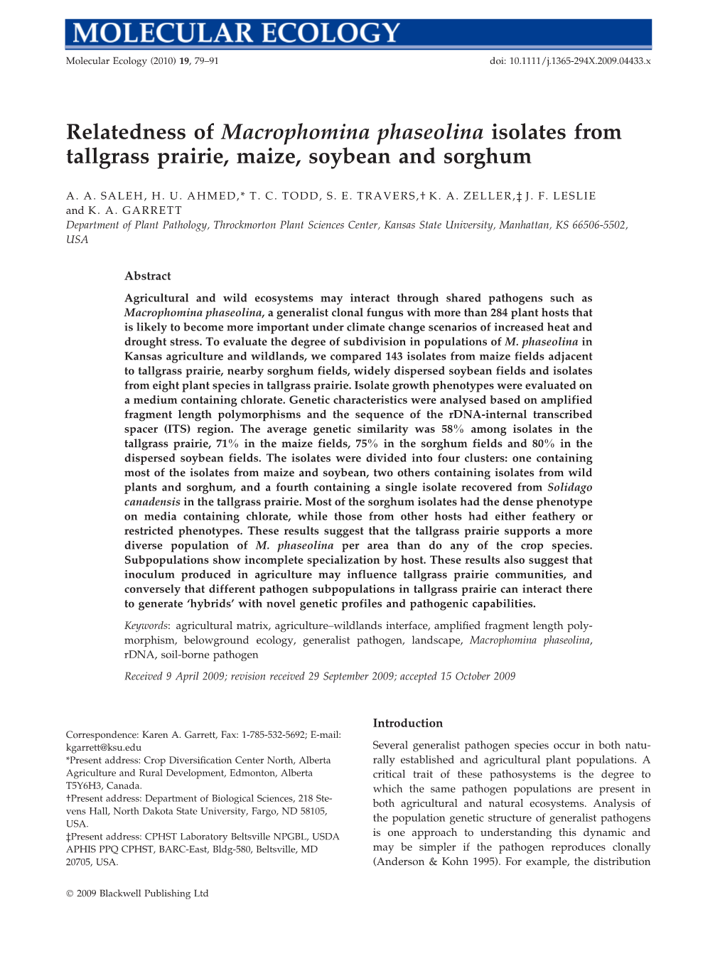 Relatedness of Macrophomina Phaseolina Isolates from Tallgrass Prairie, Maize, Soybean and Sorghum