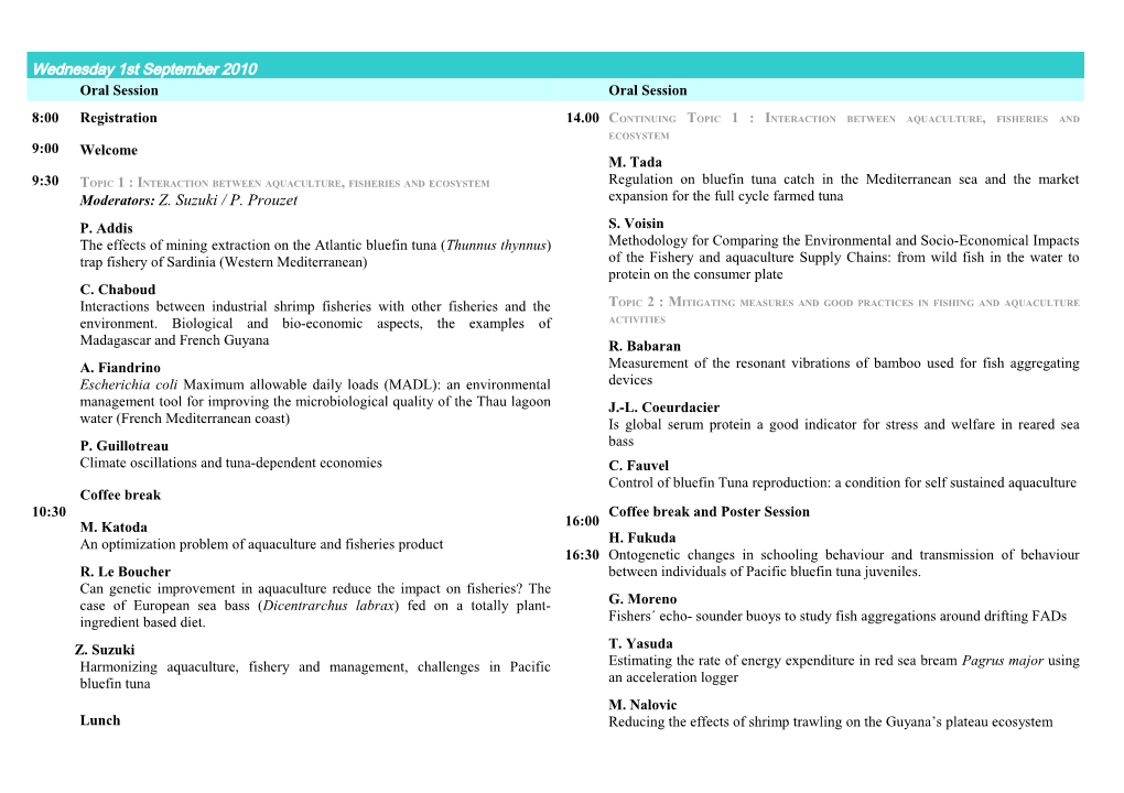 Wednesday 1St September 2010 Oral Session Oral Session