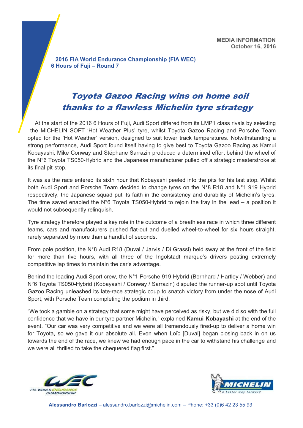Toyota Gazoo Racing Wins on Home Soil Thanks to a Flawless Michelin Tyre Strategy