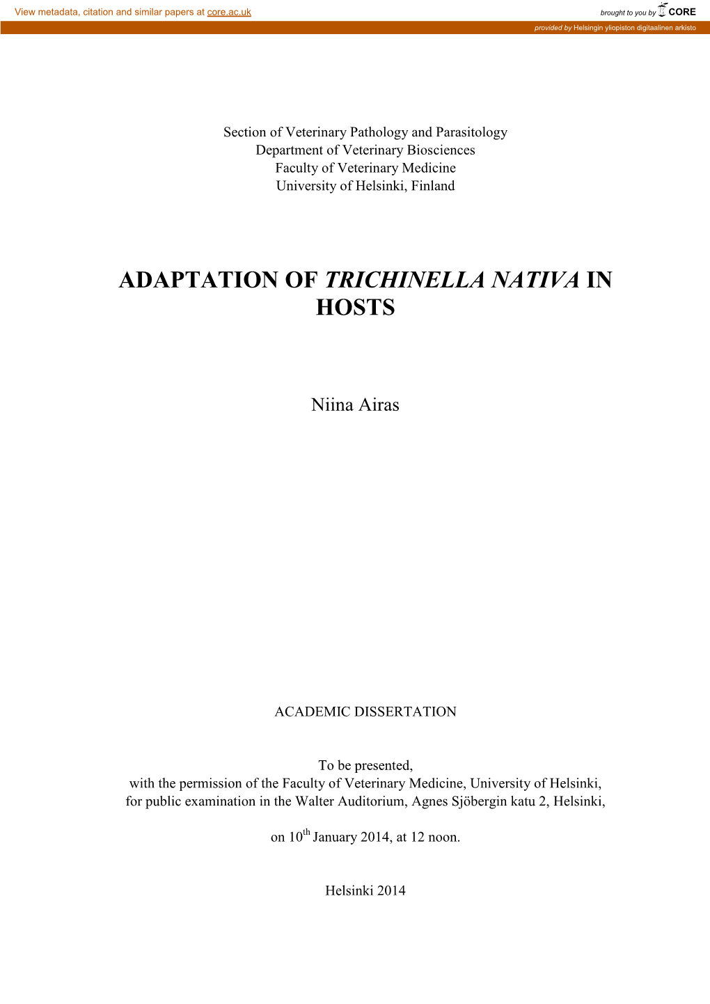 Adaptation of Trichinella Nativa in Hosts