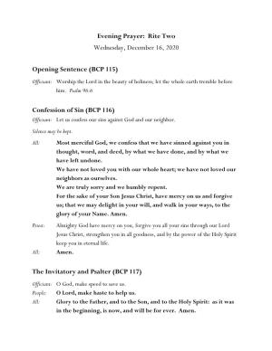Evening Prayer: Rite Two Wednesday, December 16, 2020