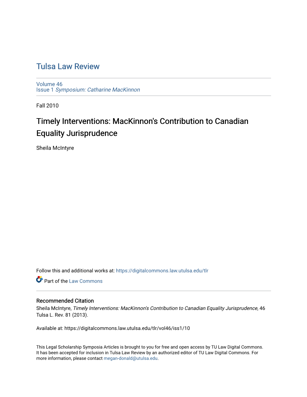 Mackinnon's Contribution to Canadian Equality Jurisprudence