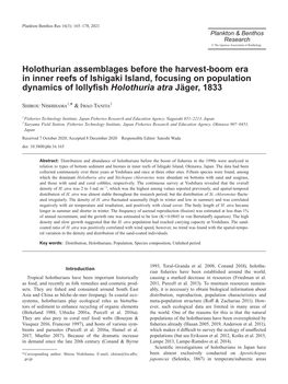 Holothurian Assemblages Before the Harvest-Boom Era in Inner Reefs of Ishigaki Island, Focusing on Population Dynamics of Lollyﬁsh Holothuria Atra Jäger, 1833