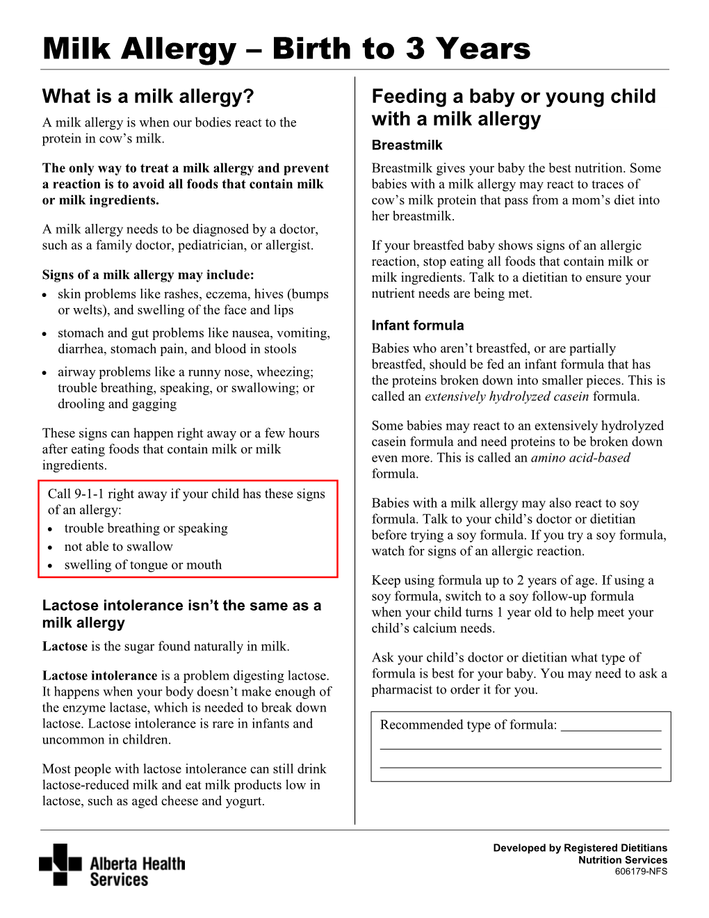 Milk Allergy – Birth to 3 Years