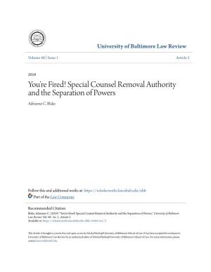 Special Counsel Removal Authority and the Separation of Powers Adrianne C