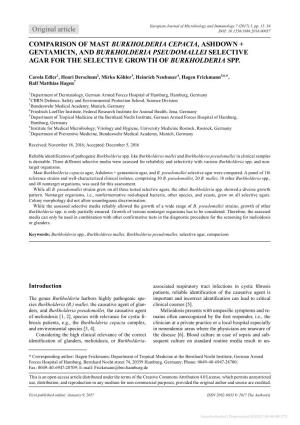 Original Article COMPARISON of MAST BURKHOLDERIA CEPACIA, ASHDOWN + GENTAMICIN, and BURKHOLDERIA PSEUDOMALLEI SELECTIVE AGAR