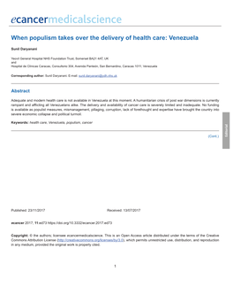 When Populism Takes Over the Delivery of Health Care: Venezuela