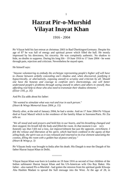 Hazrat Pir-O-Murshid Vilayat Inayat Khan 1916 - 2004