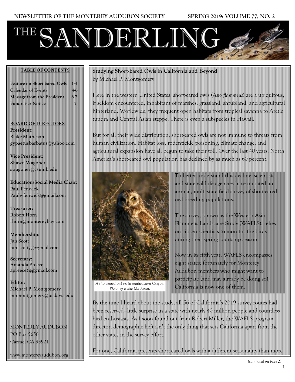 VOLUME 77, NO. 2 Studying Short-Eared Owls in California And