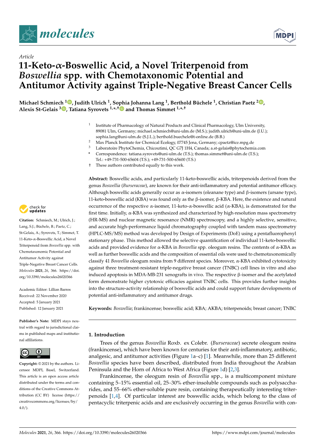 11-Keto-Α-Boswellic Acid, a Novel Triterpenoid from Boswellia Spp