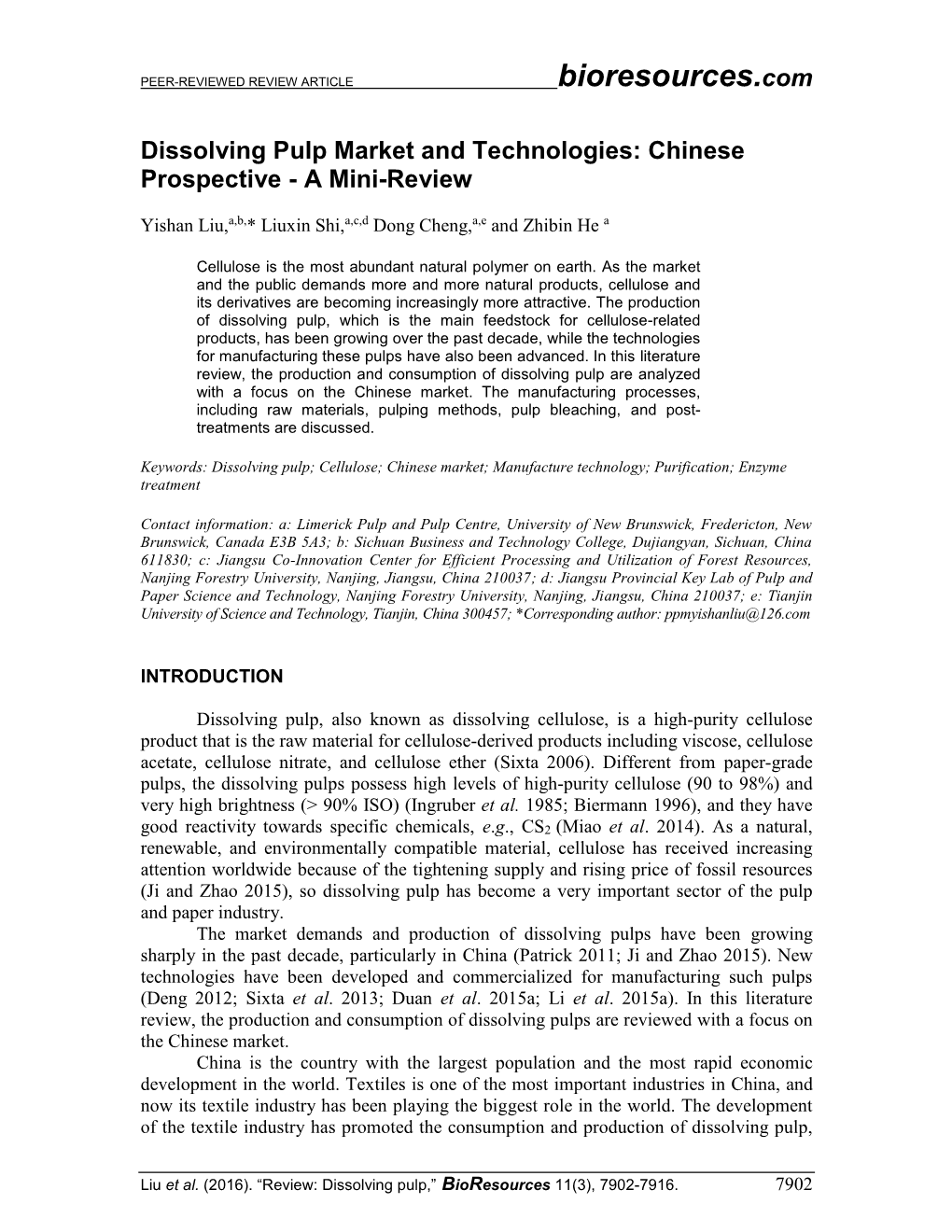 Dissolving Pulp Market and Technologies: Chinese Prospective - a Mini-Review