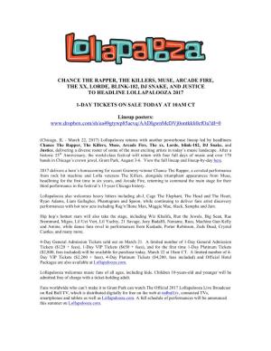 Chance the Rapper, the Killers, Muse, Arcade Fire, the Xx, Lorde, Blink-182, Dj Snake, and Justice to Headline Lollapalooza 2017