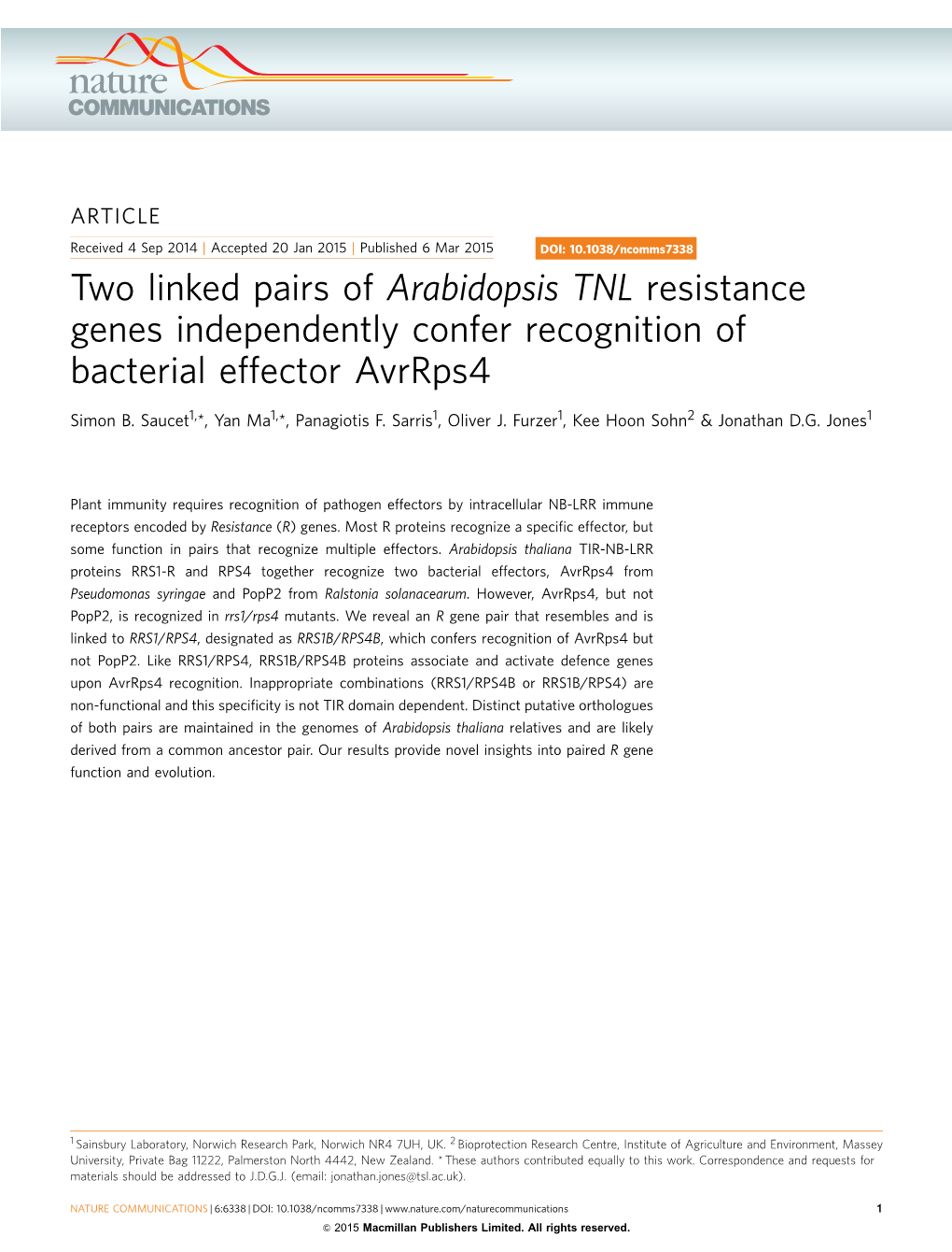 Two Linked Pairs of Arabidopsis TNL Resistance Genes Independently Confer Recognition of Bacterial Effector Avrrps4