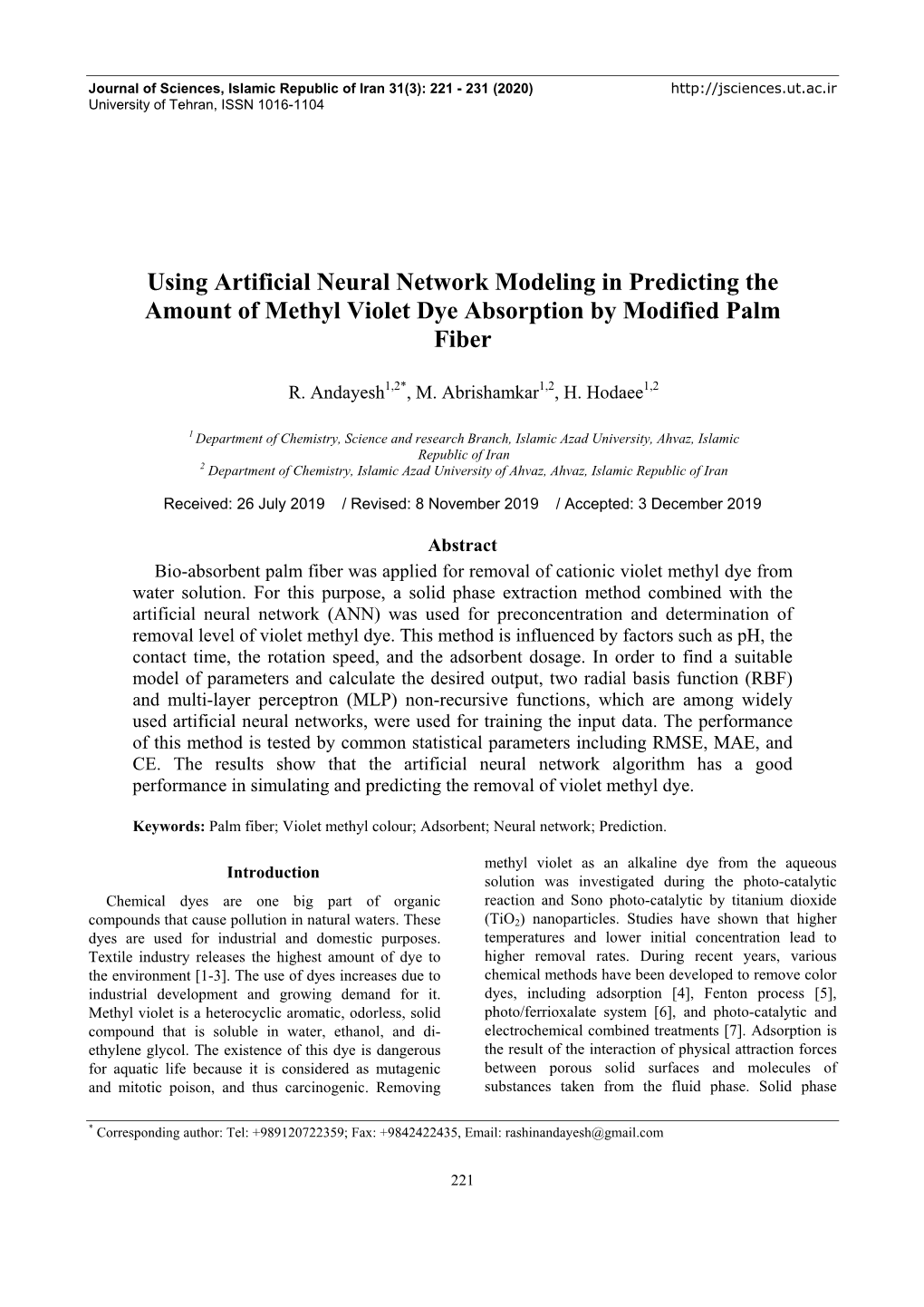 Using Artificial Neural Network Modeling in Predicting the Amount of Methyl Violet Dye Absorption by Modified Palm Fiber