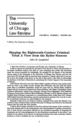 Shaping the Eighteenth-Century Criminal Trial: a View from the Ryder Sources John H
