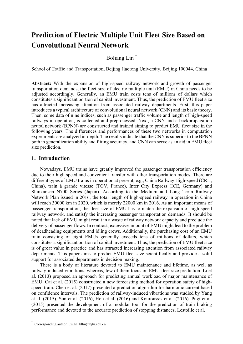 Prediction of Electric Multiple Unit Fleet Size Based on Convolutional Neural Network