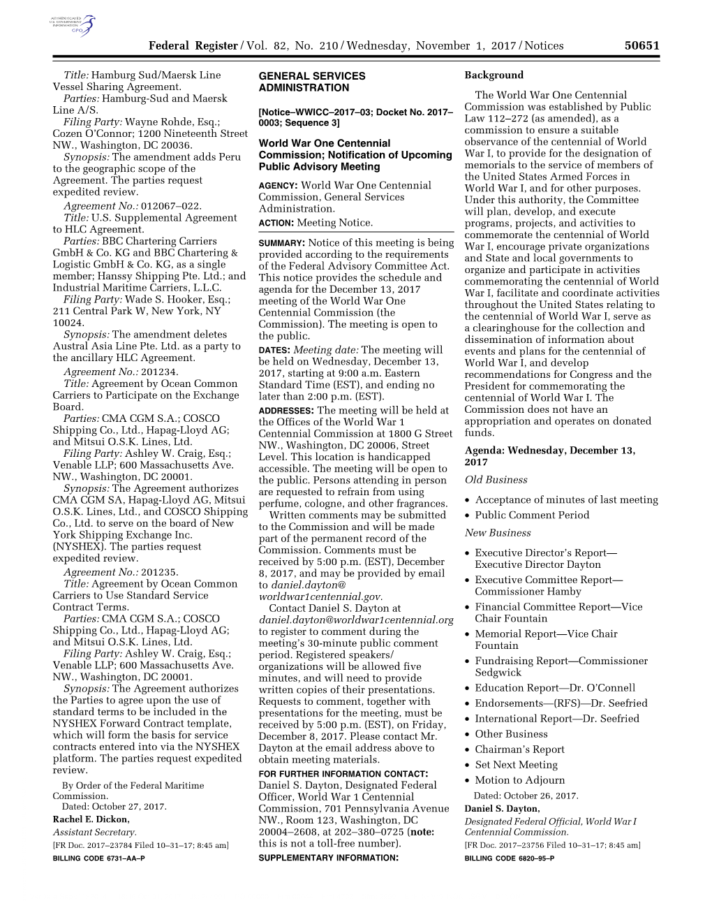 Federal Register/Vol. 82, No. 210/Wednesday, November 1, 2017/Notices