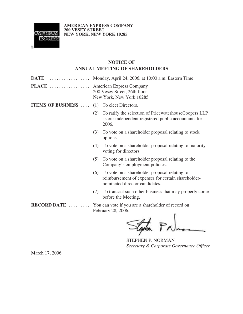 Notice of Annual Meeting of Shareholders Date