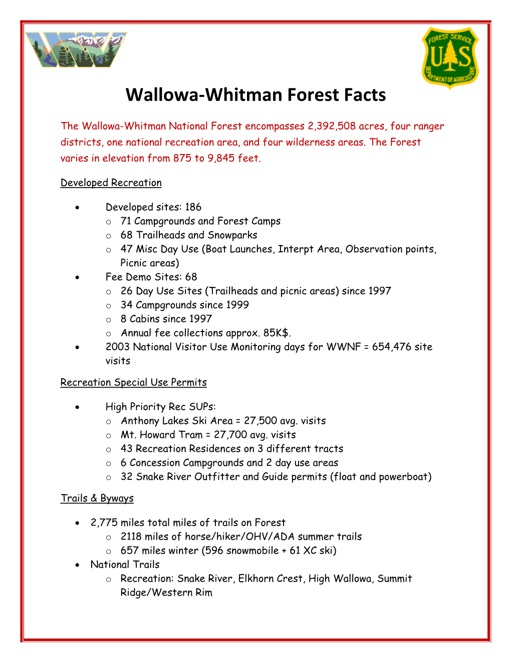 Wallowa-Whitman National Forest Facts
