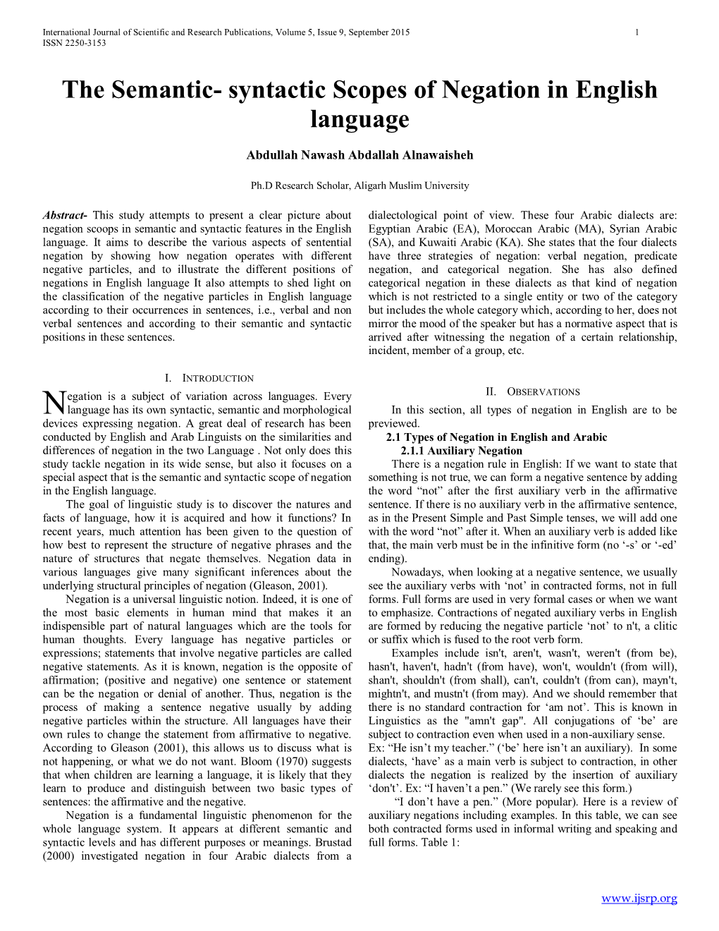 The Semantic- Syntactic Scopes of Negation in English Language