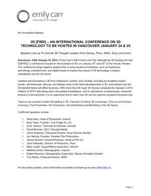 3D [Fwd] – an International Conference on 3D Technology to Be Hosted in Vancouver January 24 & 25