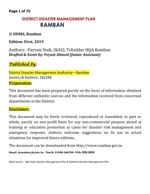RAMBAN © DDMA, Ramban Edition: First, 2019 Authors: -Parvaiz Naik, (KAS), Tehsildar HQA Ramban Drafted & Assist By: Feyaiz Ahmed (Junior Assistant)