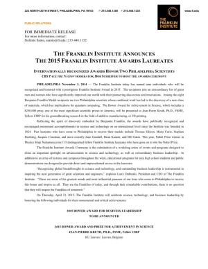 The Franklin Institute Announces the 2015 Franklin Institute Awards Laureates