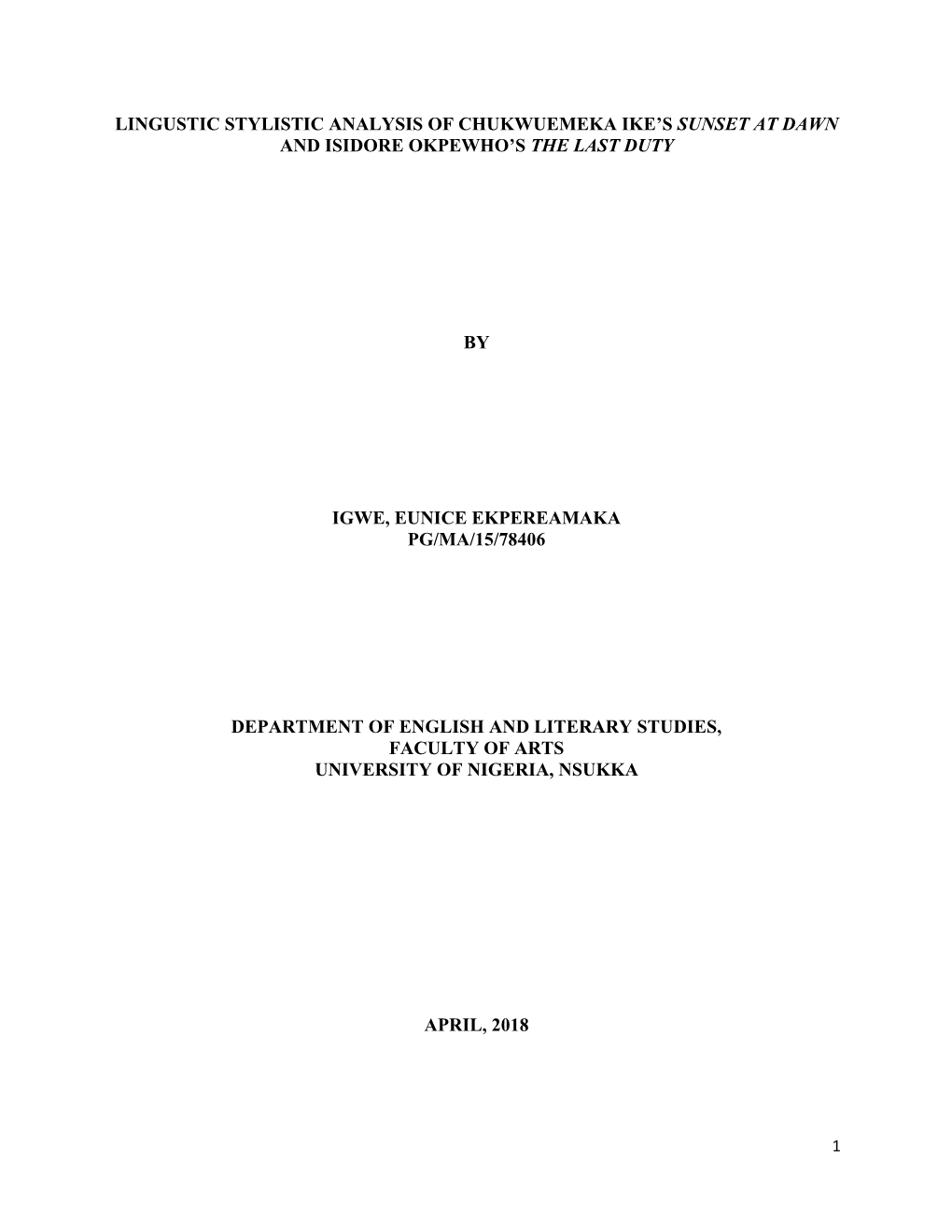 Lingustic Stylistic Analysis of Chukwuemeka Ike's Sunset