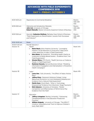 Advances with Field Experiments Conference 2018 Day 1 – Friday, October 5