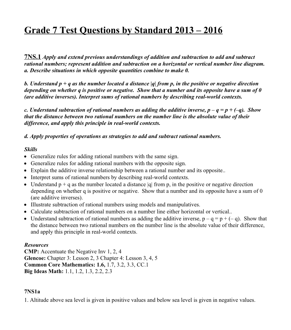 Grade 7 Test Questions by Standard 2013 2016