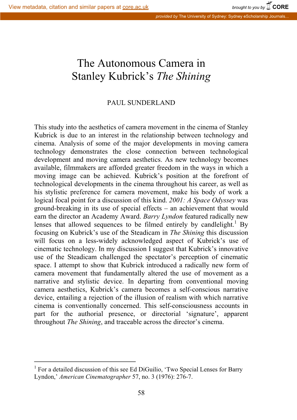 The Autonomous Camera in Stanley Kubrick's the Shining