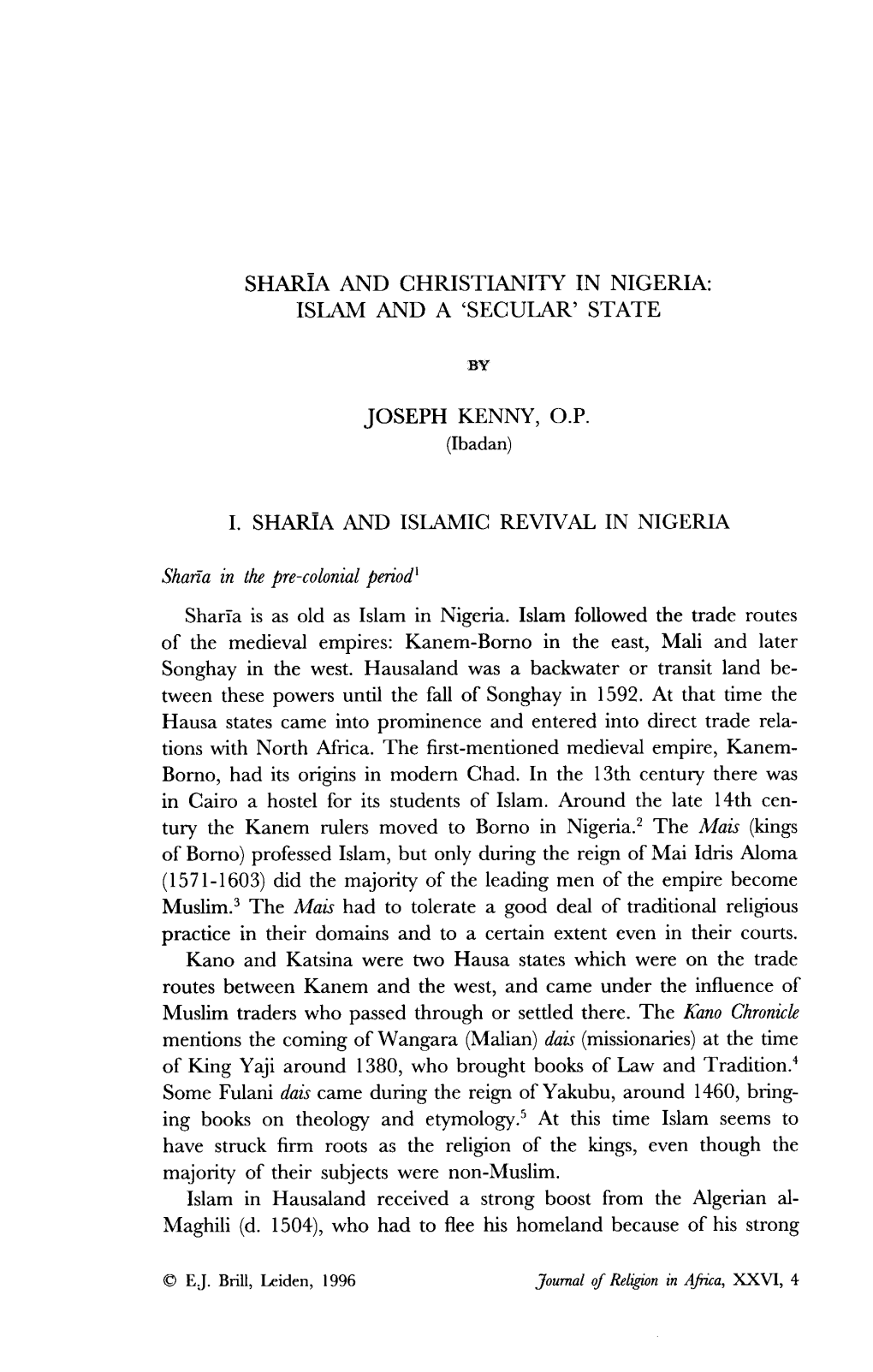 Sharia and Christianity in Nigeria: Islam and a 'Secular' State