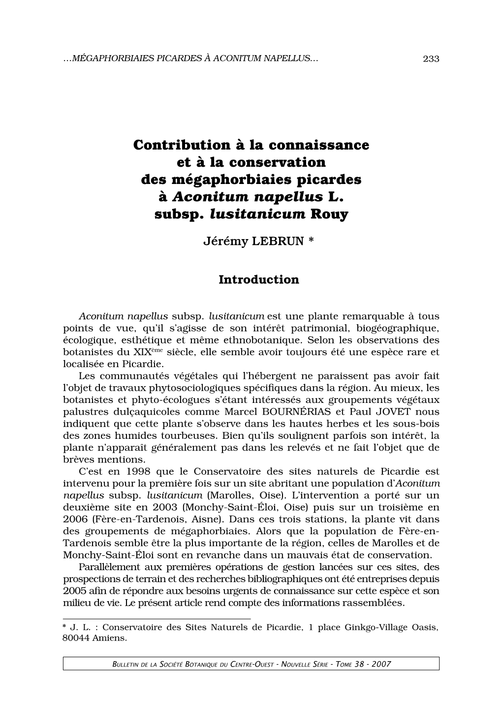 Contribution À La Connaissance Et À La Conservation Des Mégaphorbiaies Picardes À Aconitum Napellus L