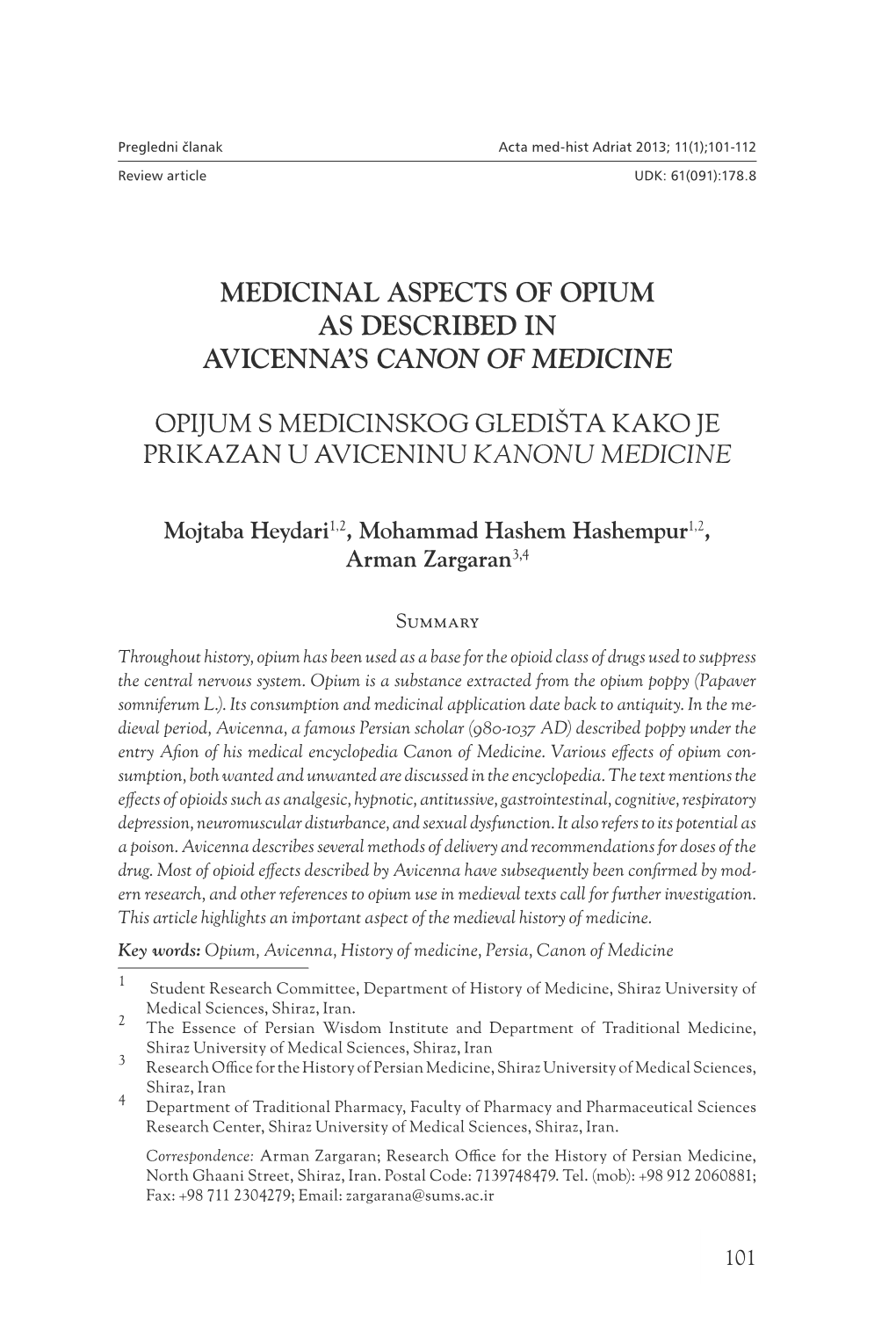 Medicinal Aspects of Opium As Described in Avicenna's